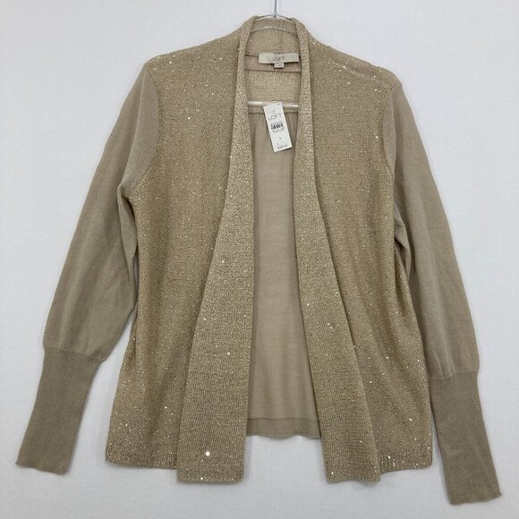 New Ann Taylor LOFT size Large Oatmeal Sequins Open Front Cardigan - Picture 1 of 11